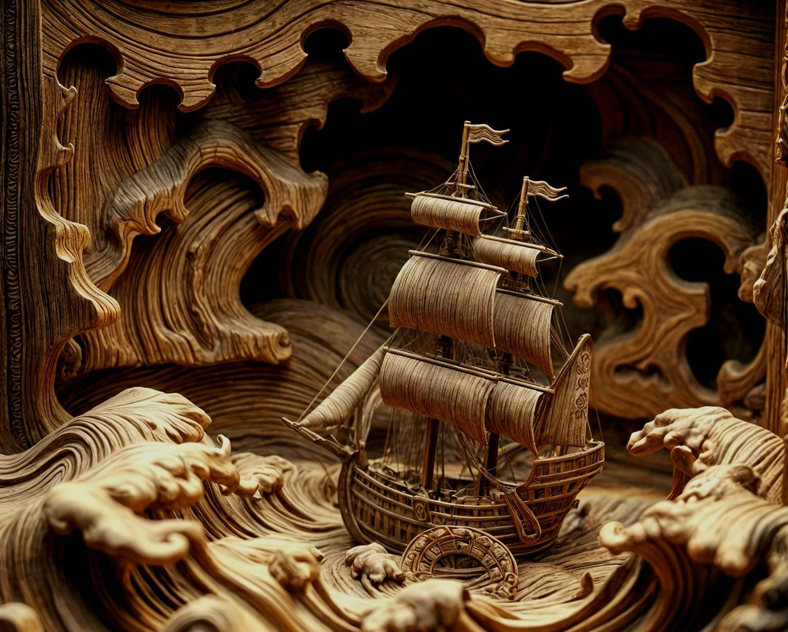 Medieval Frigate Diorama Carved in Wood: Digital Art