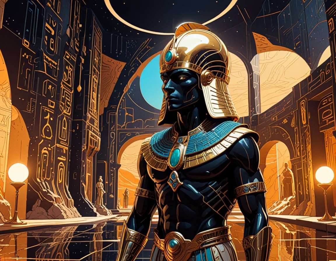 Pharaoh in Grand Hall, Moebius Sci-Fi Comic Style