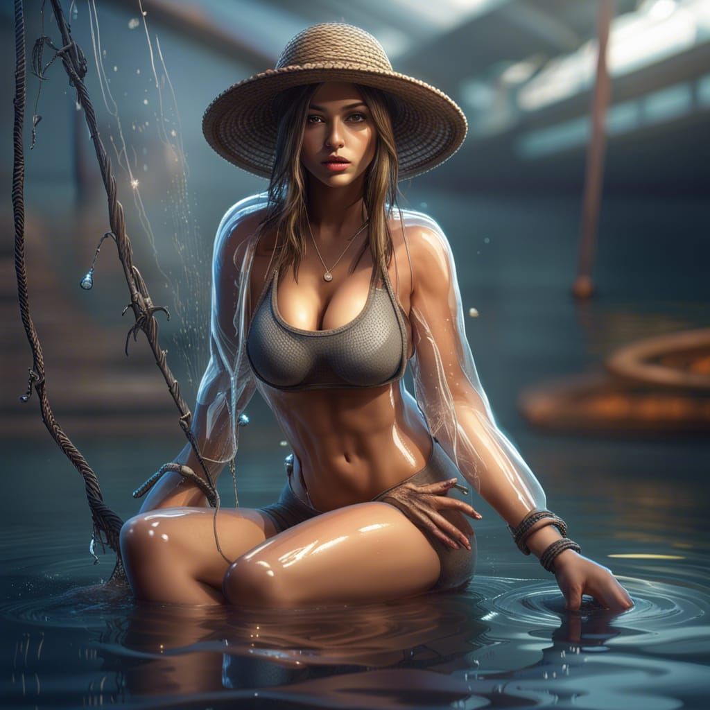 Hyperrealistic Woman in Wet Bikini with Fisherman's Hat