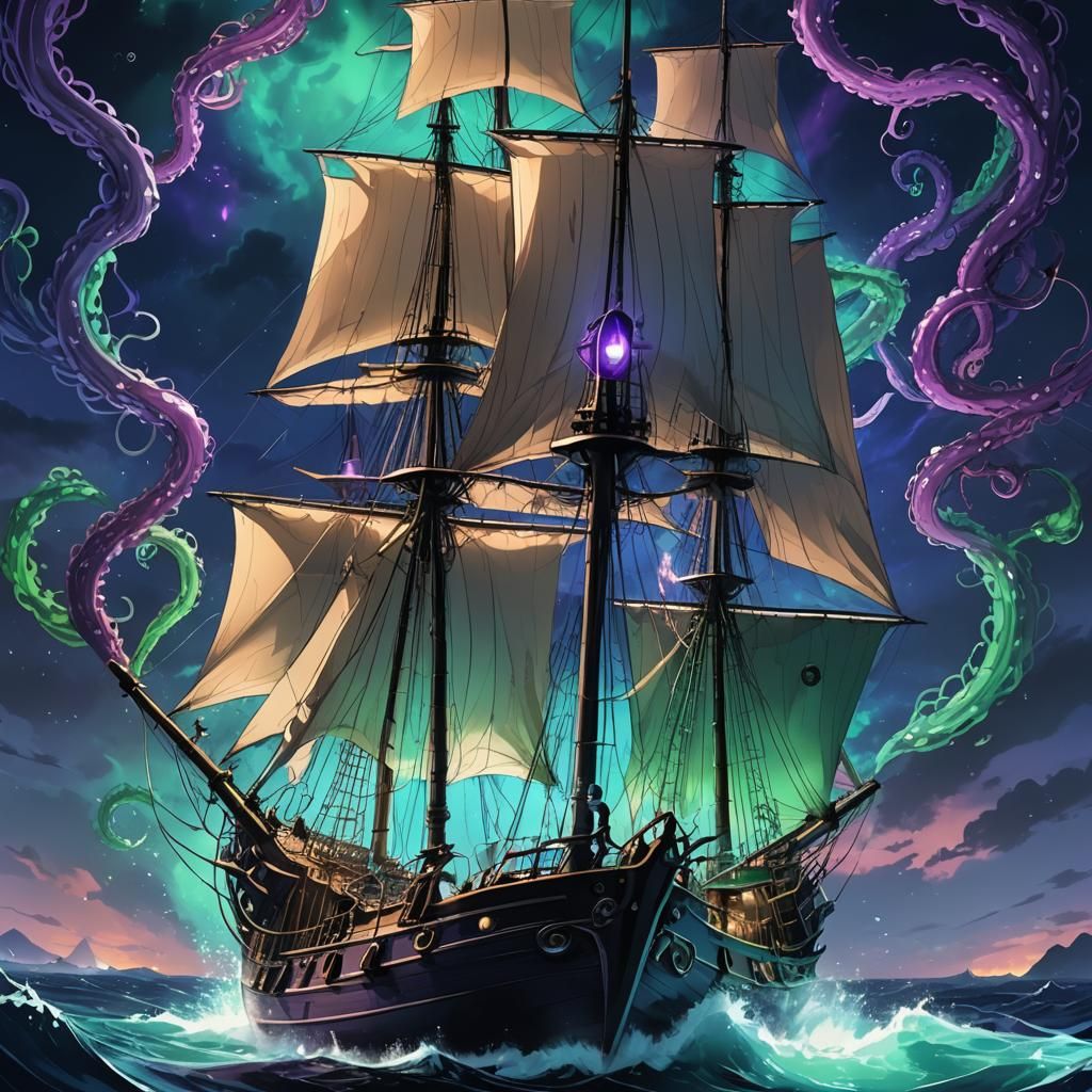Sailboat Engulfed by Dark Sea Monsters in Anime Style