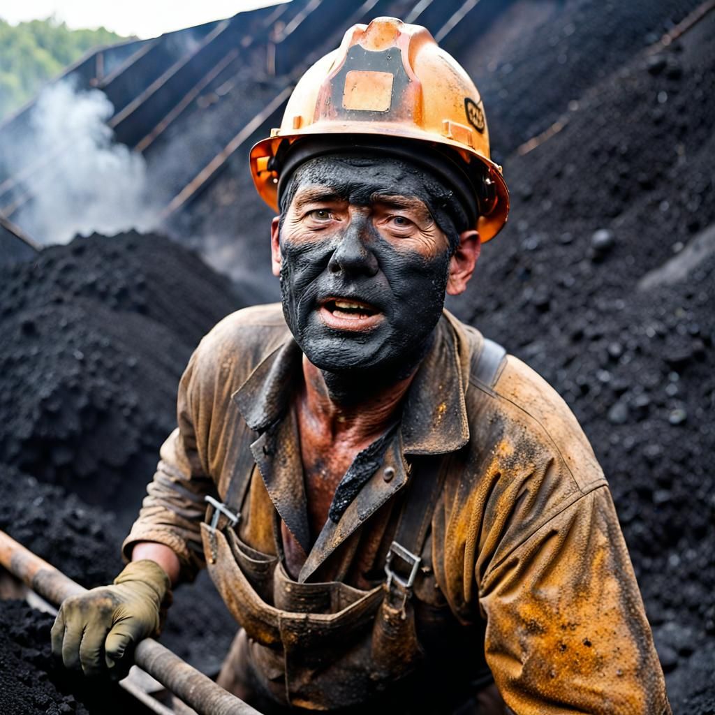 Coal Miner in Fierce Industrial Scene, Painted in Dark Reali...
