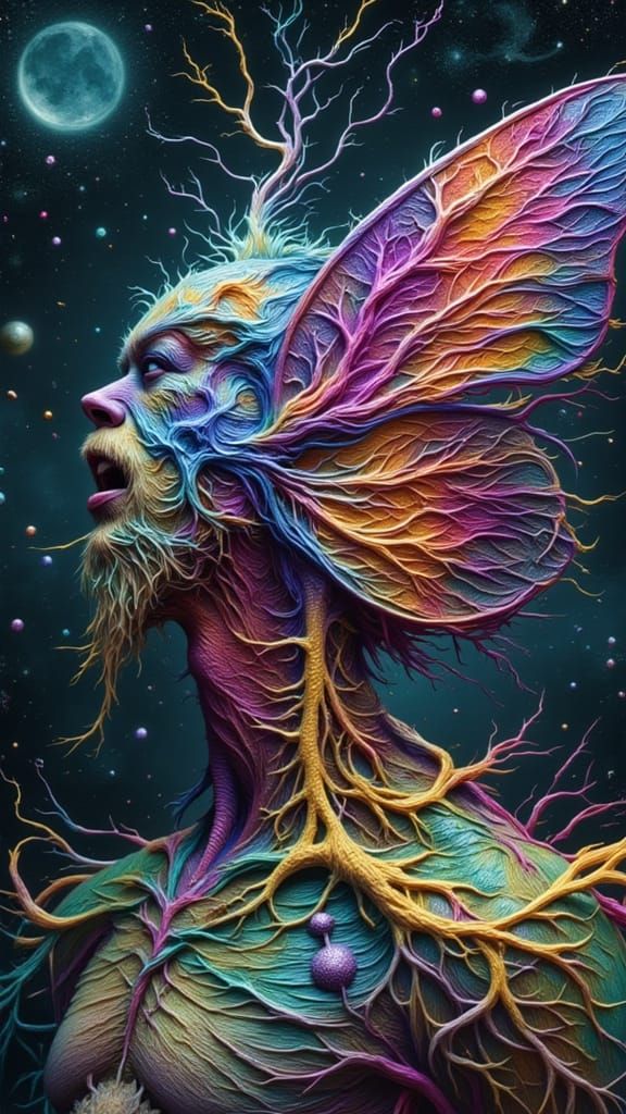 Surreal Man in Moth Costume with Rainbow Lightning