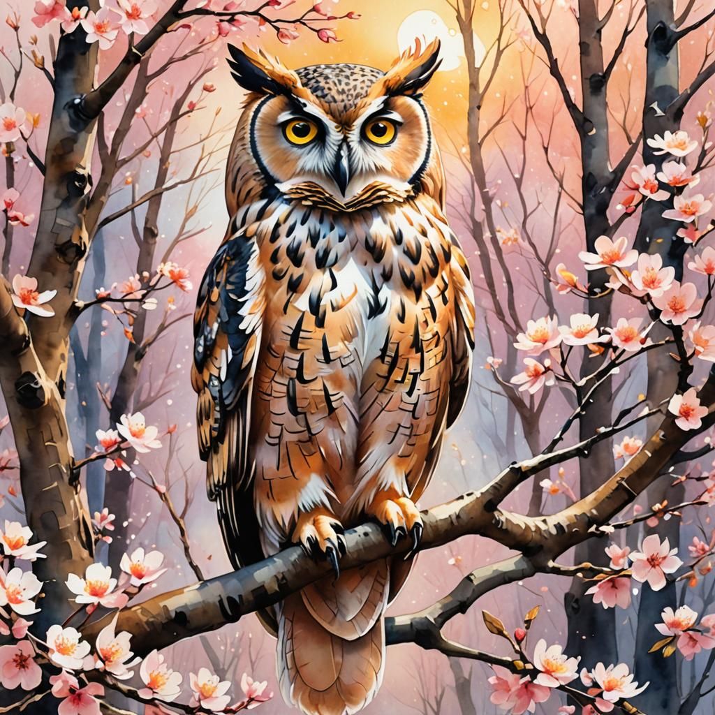 Watercolor Owl in Cherry Blossom Forest at Sunset