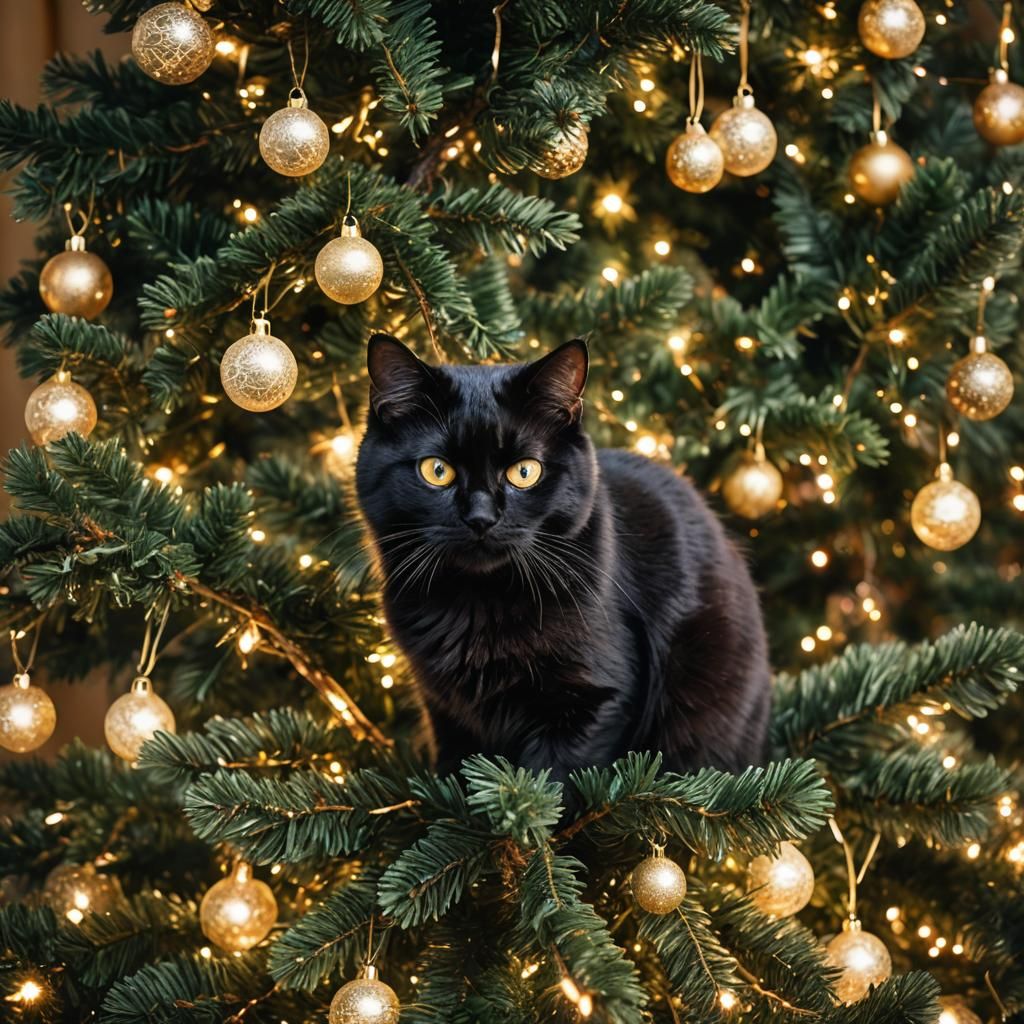 Black Cat in Christmas Tree: Hyper-Realistic Photo