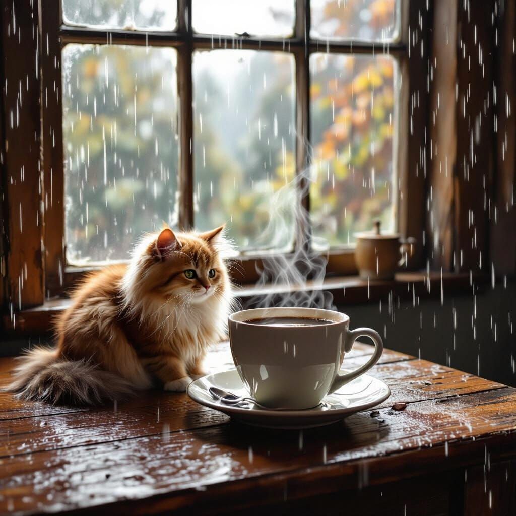 Vintage Coffee with Cat on Rainy Day