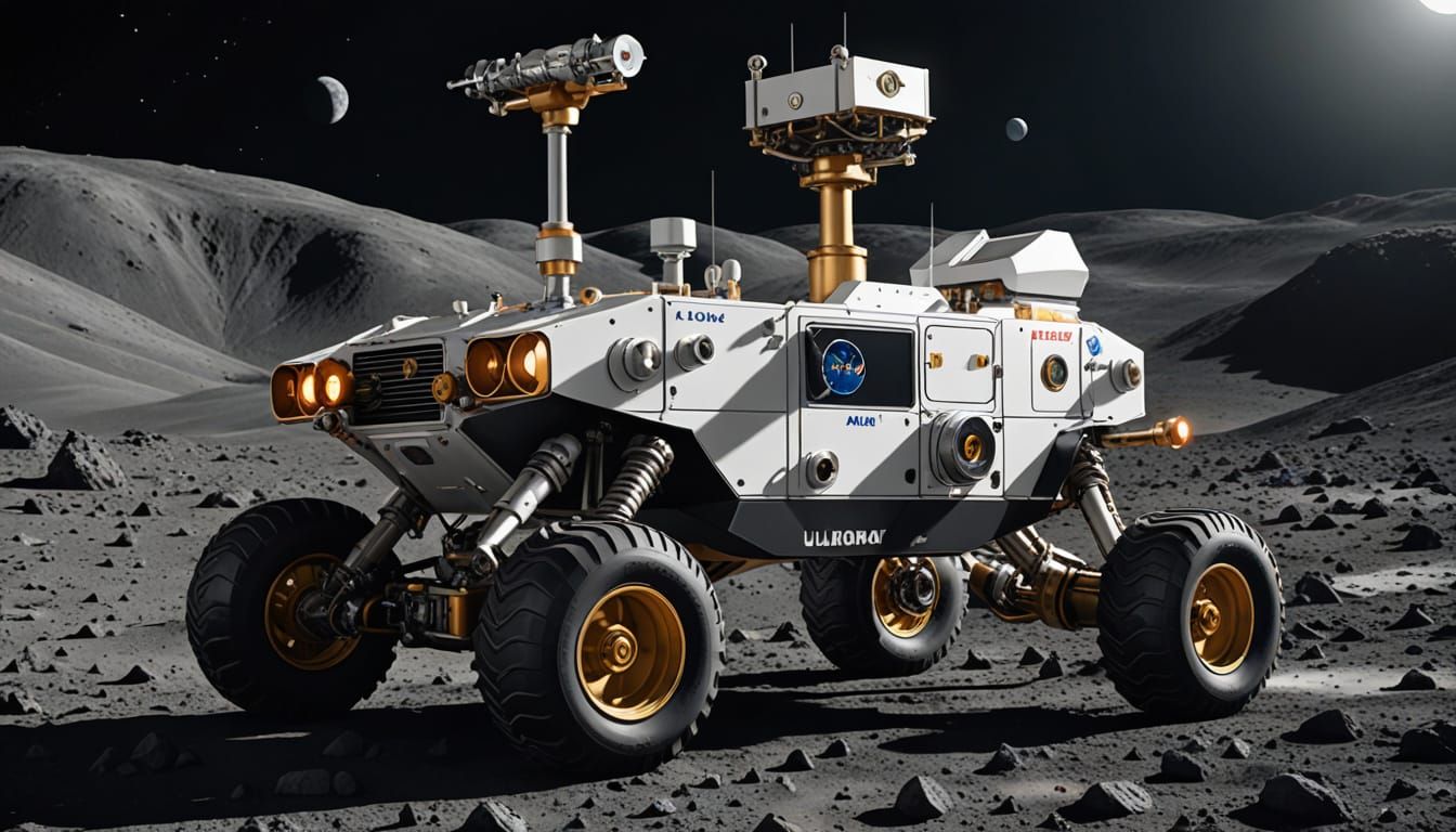 Retro-Futuristic Lunar Rover in the Cratered Moon Landscape
