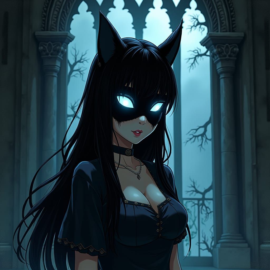 Gothic Anime Woman with Cat Mask Illustration