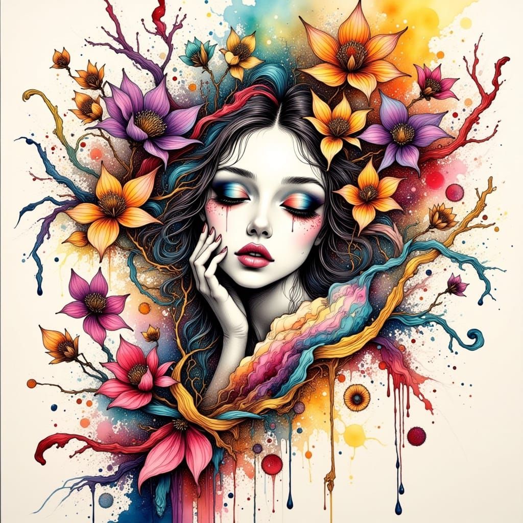 Ethereal Ink Portrait in Dreamlike Hyperreal Style