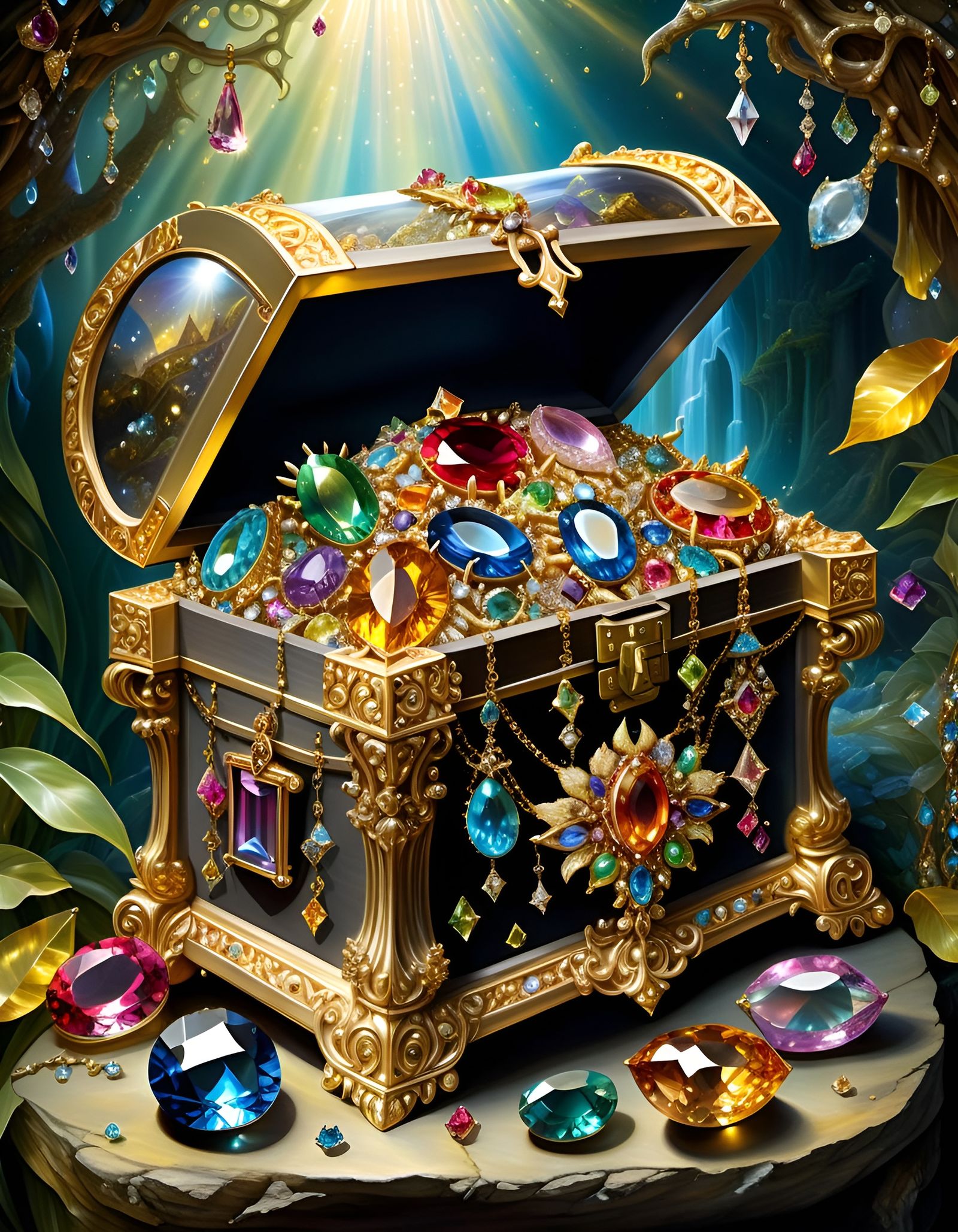 Bejeweled Treasure Chest in Fairytale Illustration Style