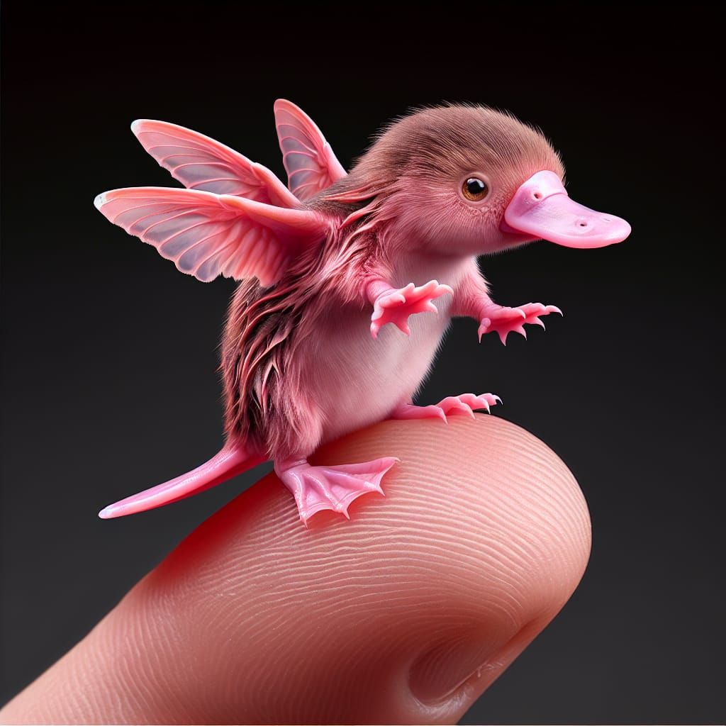 Pink Winged Platypus Dancing on Human Finger