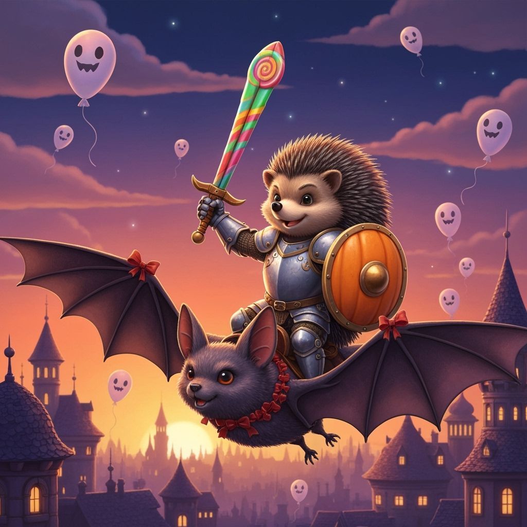 Hedgehog Knight Rides Bat Through Twilight City