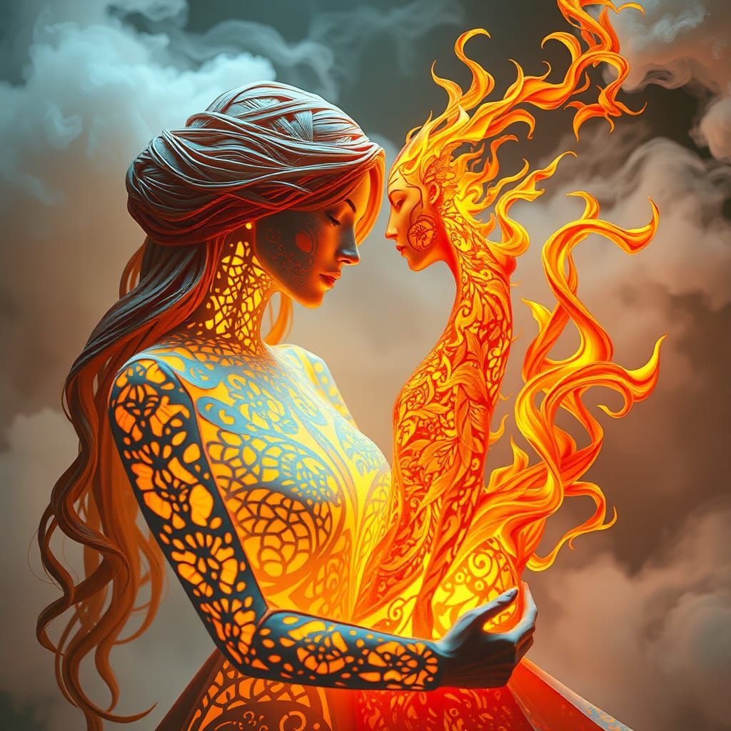 Paper Woman Embraces Flame Woman: Digital Art