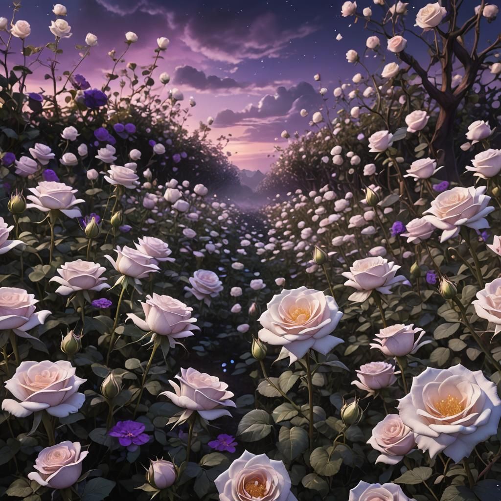 White Roses at Midnight with Purple Sky