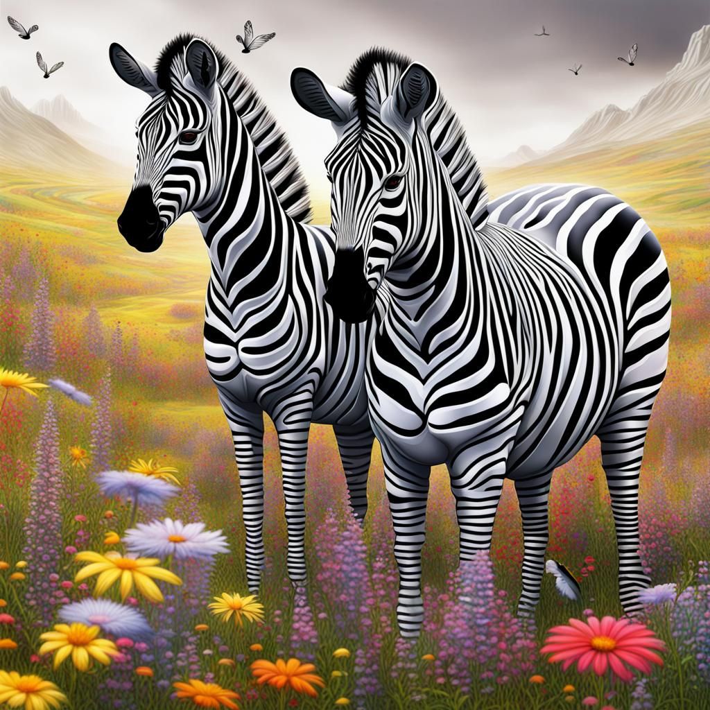 Mystical Zebras in Wildflower Meadow, Surreal Art