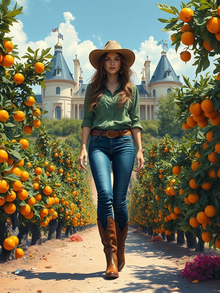 Woman in Orange Grove: Ethereal Oil Painting