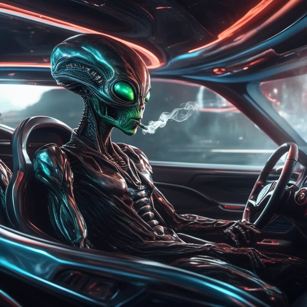 Realistic Alien Smokes Blunt in Dodge Charger