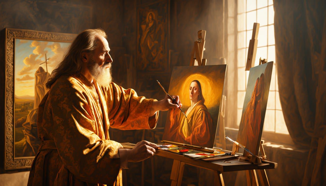 Renaissance Artist Painting Portrait in Dramatic Studio Ligh...