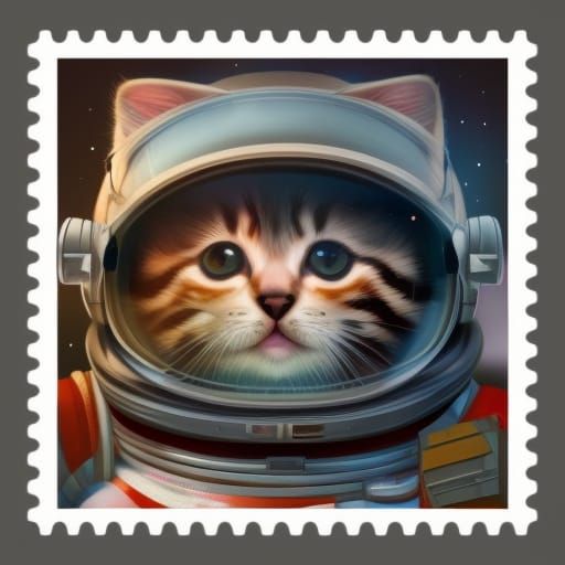 Adorable Kitten Astronaut Postage Stamp in 3D
