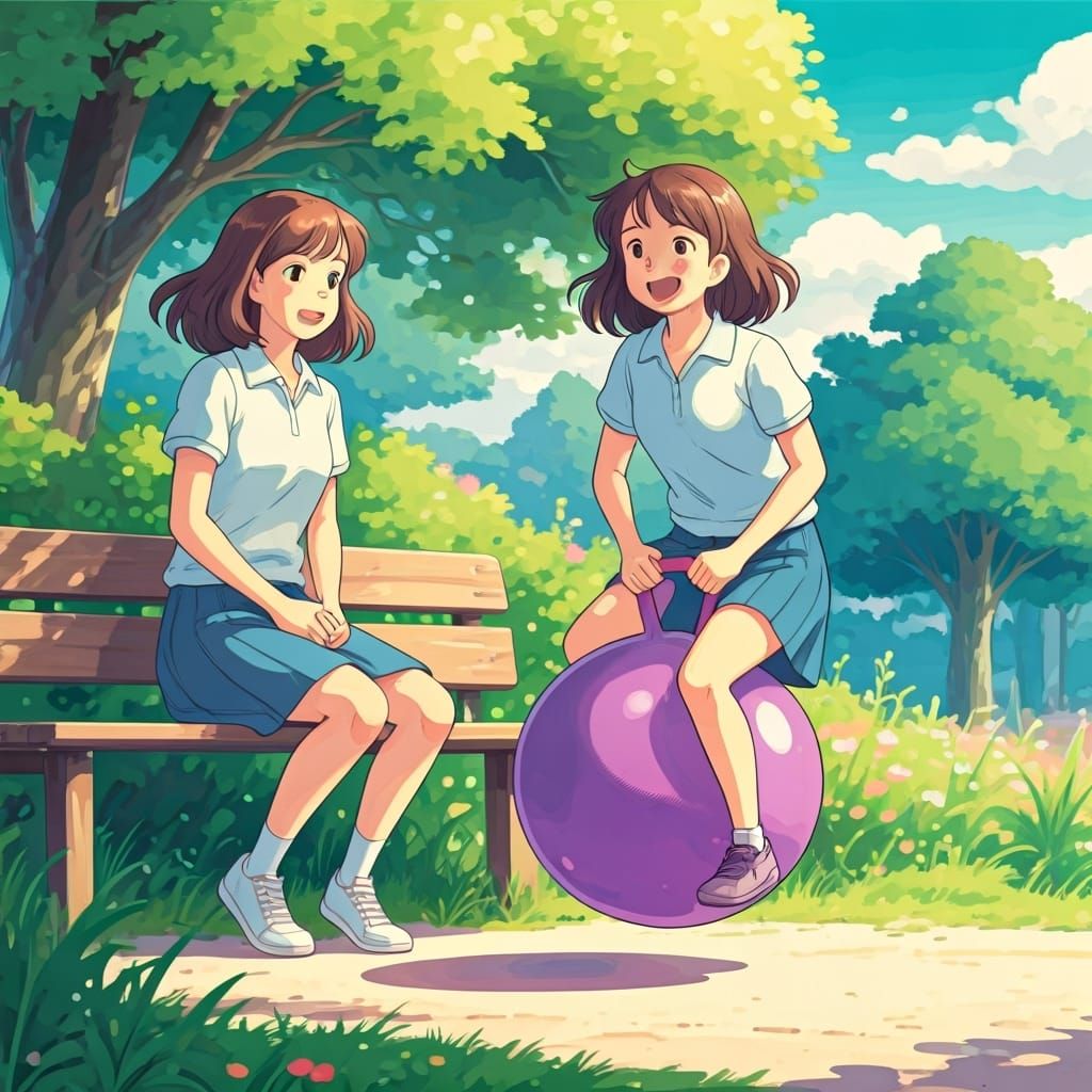 School Girls in Park with Pogo Ball, Ghibli Style