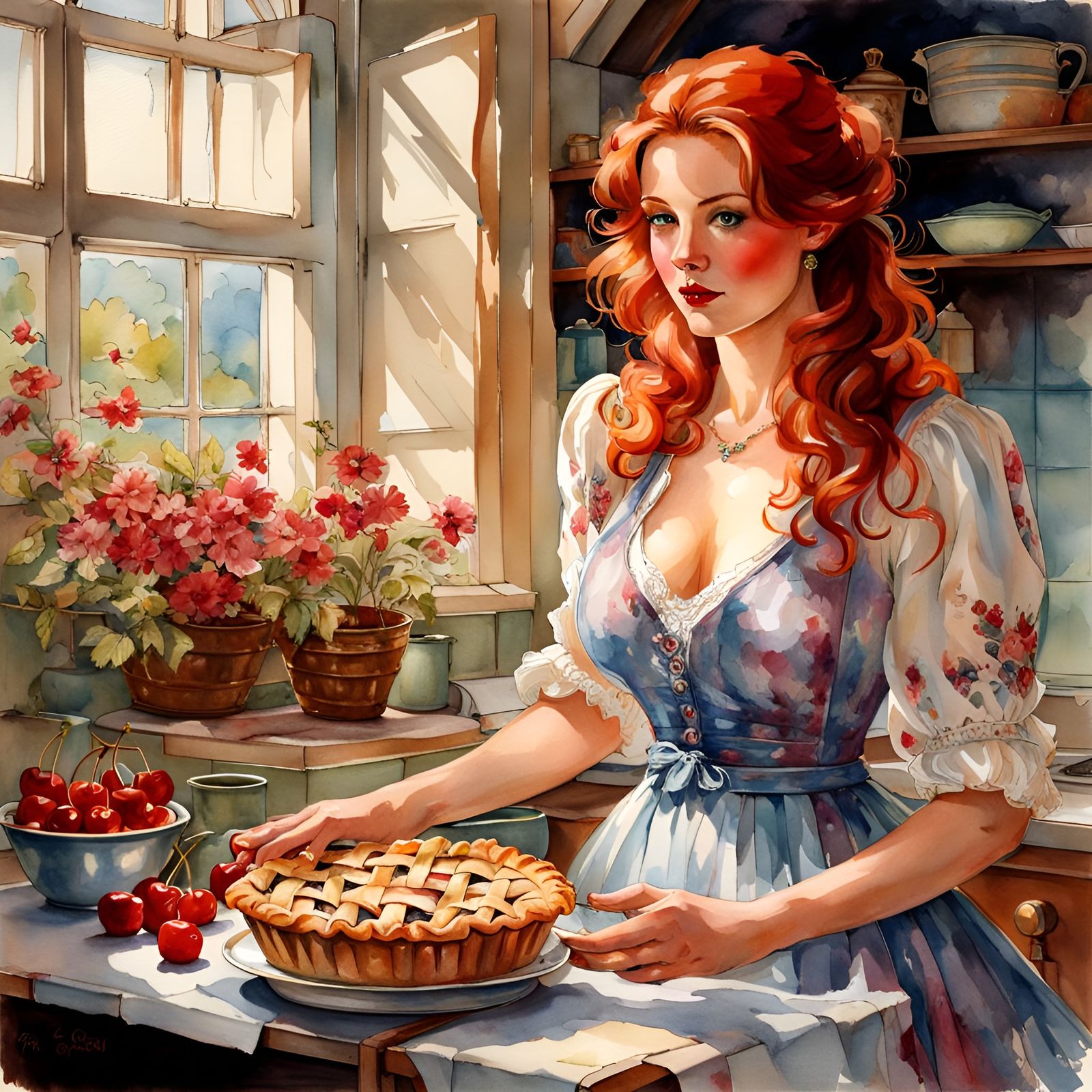 Voluptuous Woman with Cherry Pie, Watercolor Style