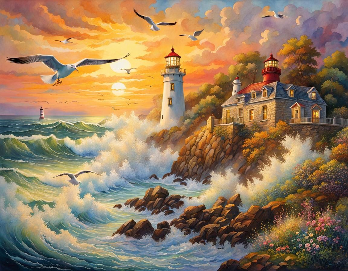 Sunset Lighthouse Seascape in Watercolor Style