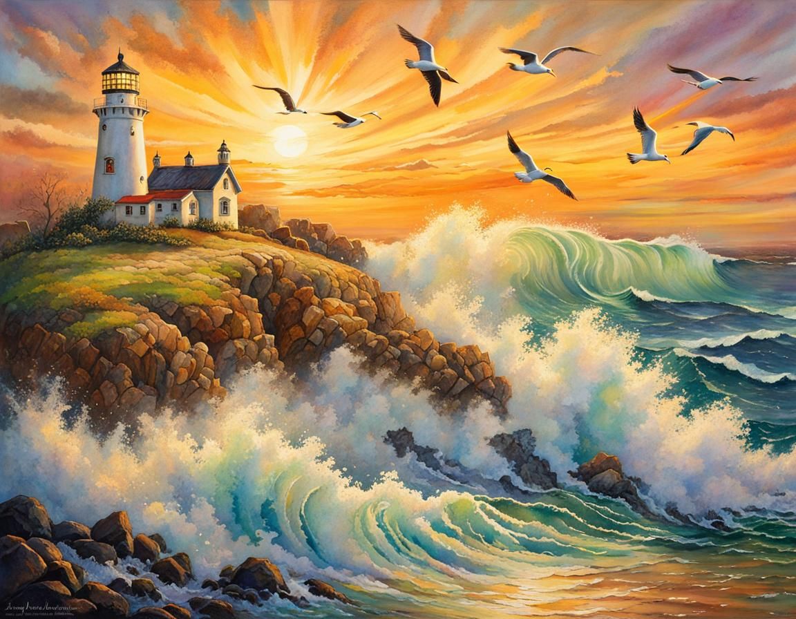 Sunset Lighthouse Seascape in Watercolor Style