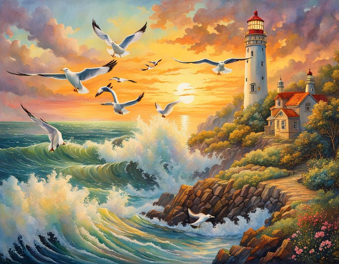 Sunset Lighthouse Seascape in Watercolor Style