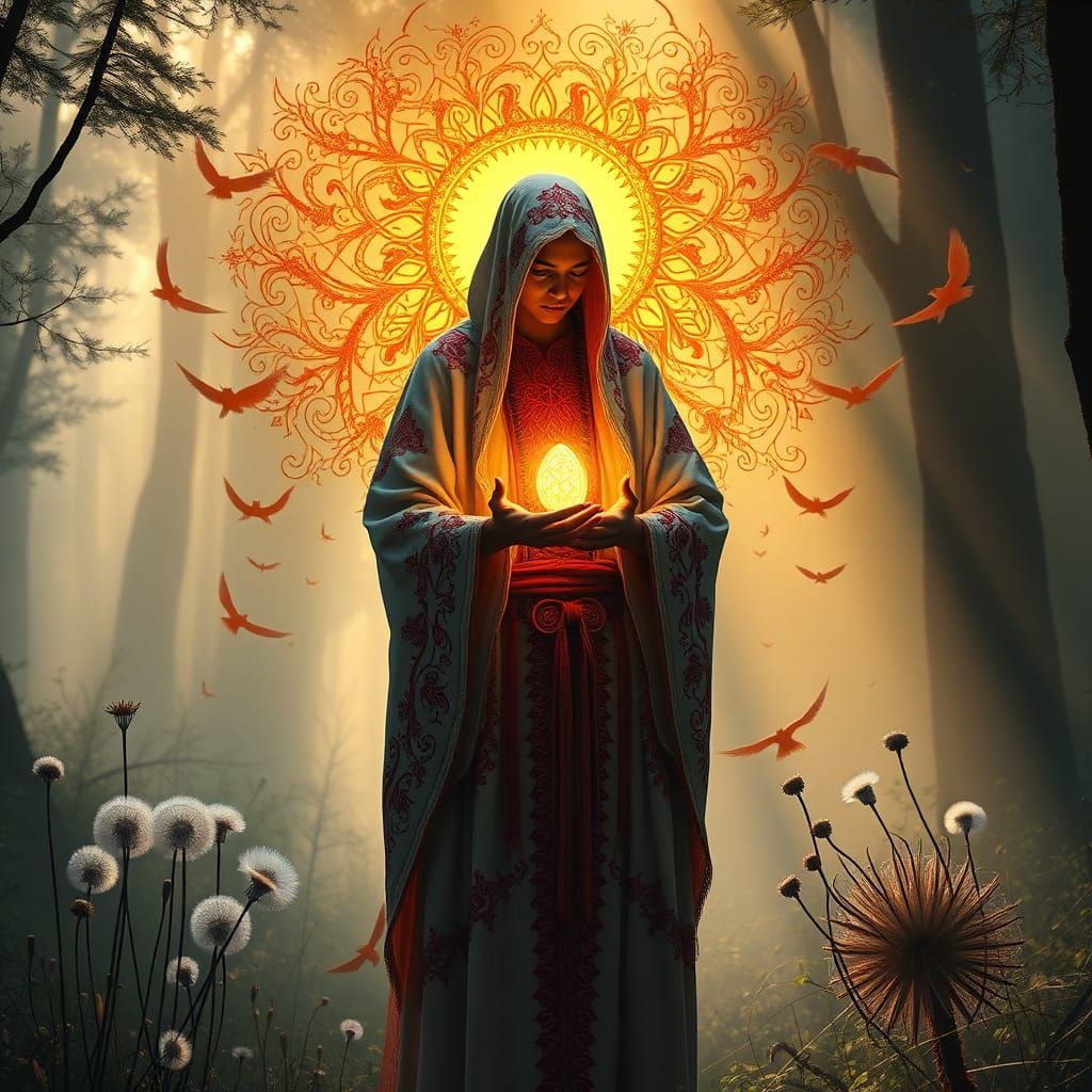 Cosmic Shaman in Vibrant Red and White Attire