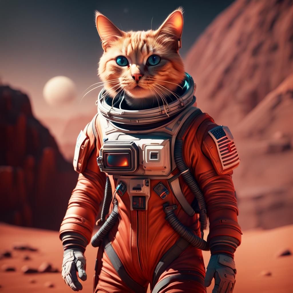 Spacesuit Cat on Mars in Detailed Digital Painting
