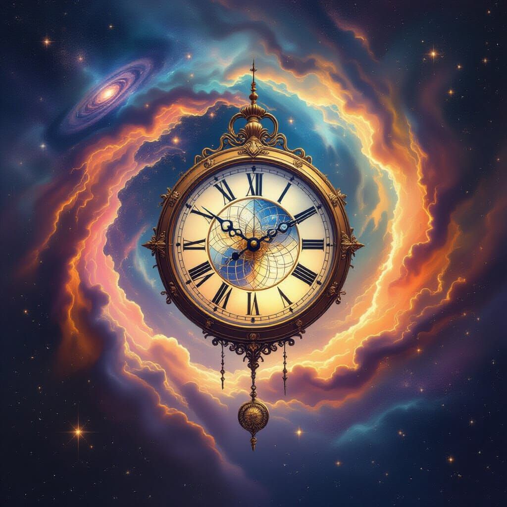 Cosmic Clock Amidst Nebula and Galaxies