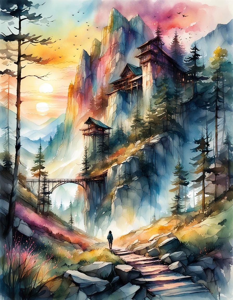 Breathtaking Summer Mountainscape in Watercolor Style