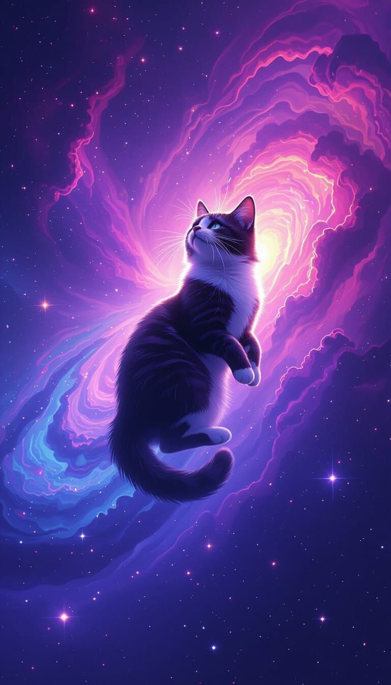 Cosmic Cat Floating in Starry Galaxy, Digital Art