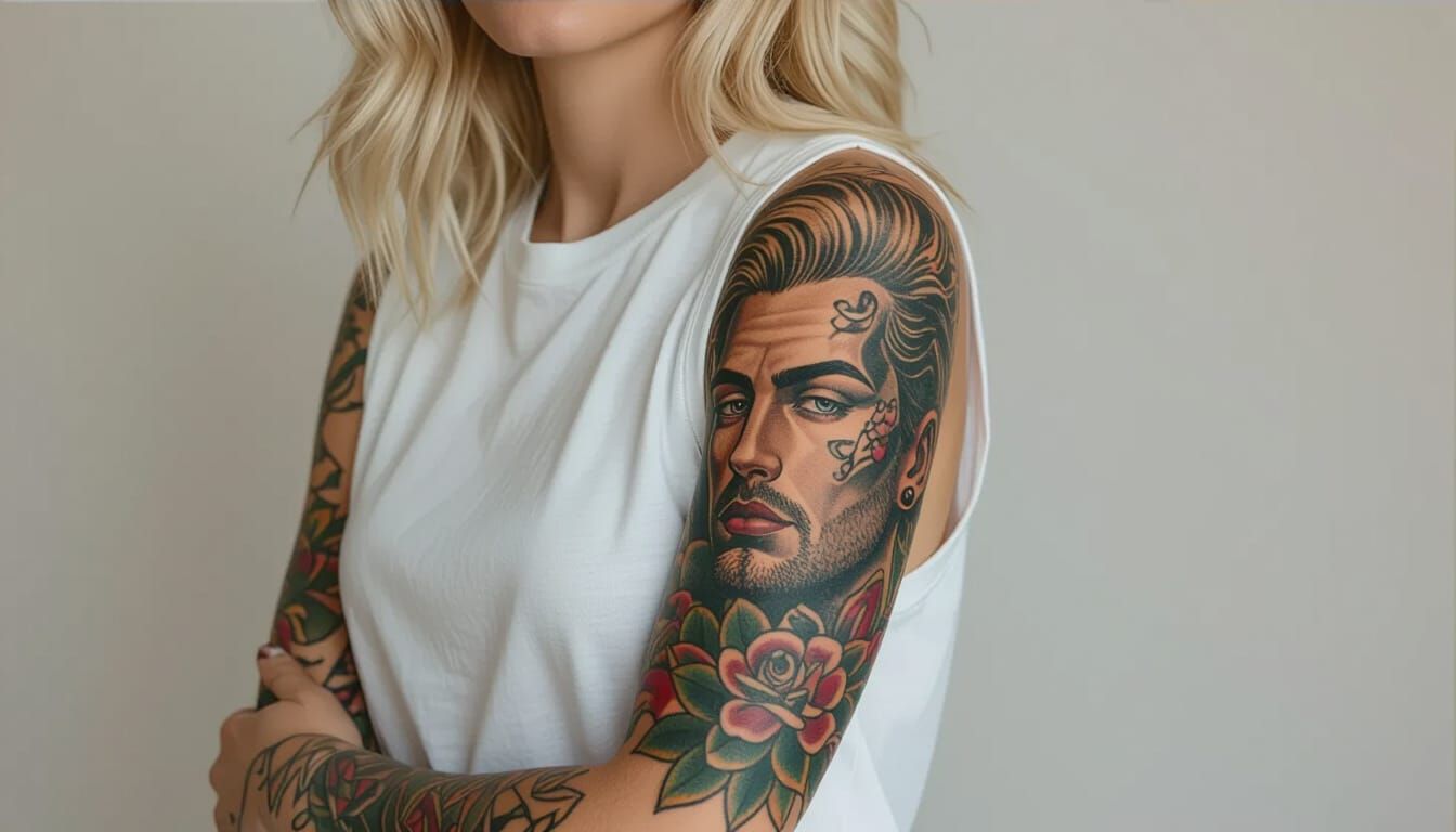 Woman's Arm Tattooed with a Man's Portrait