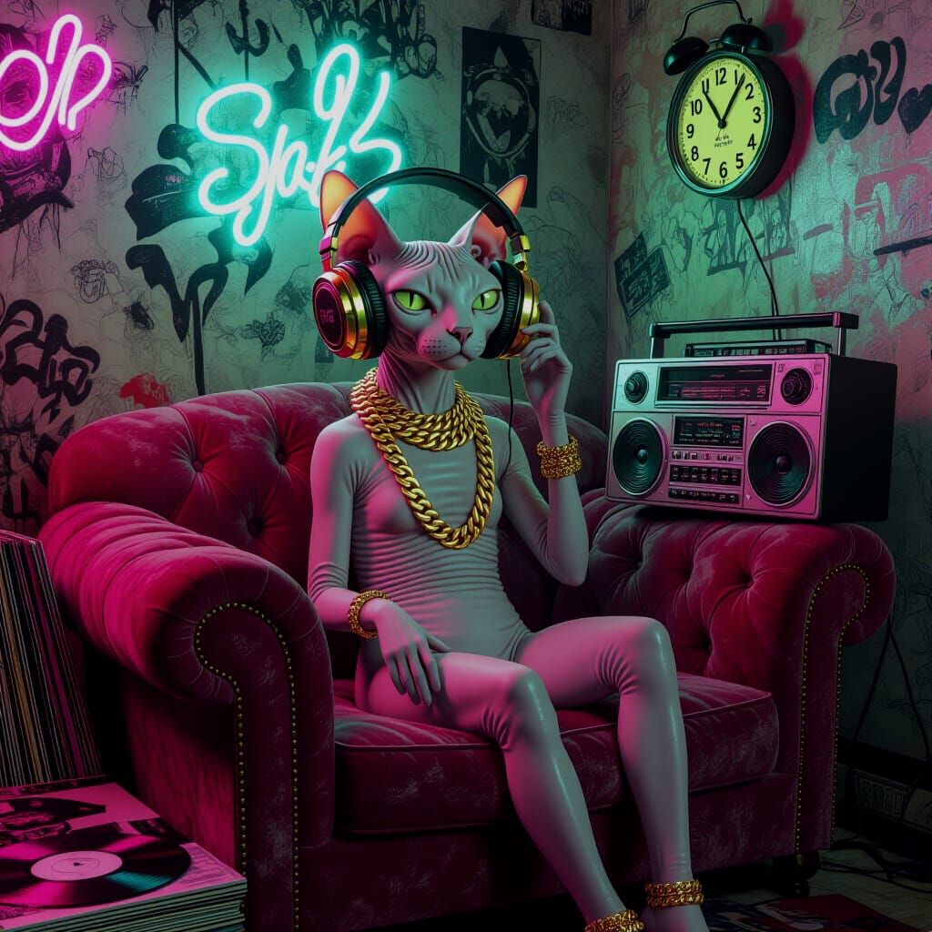 Surreal Sphinx Cat Listens to Hip Hop in 90s NYC