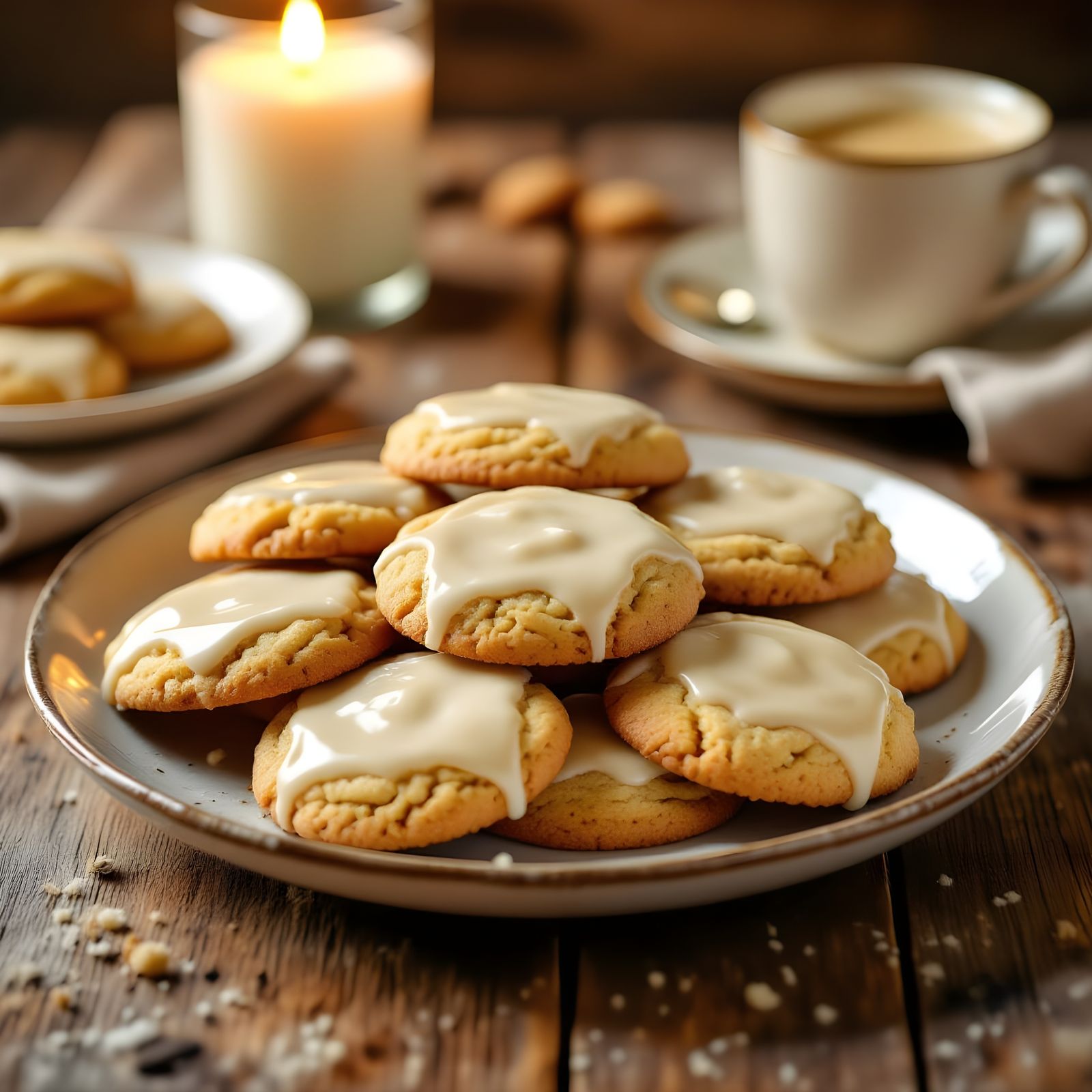 Warm Maple Cookies with Icing on Rustic Table