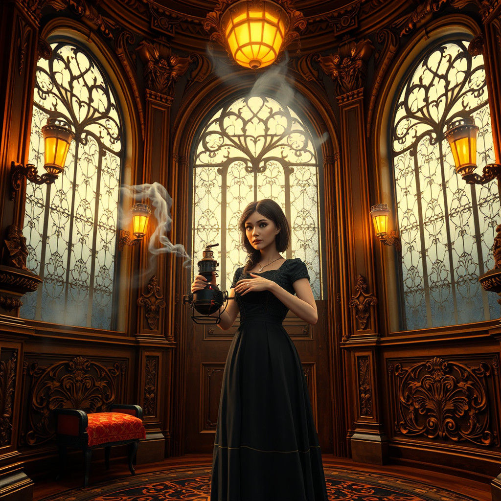 Aetherpunk Woman in Ornate Foyer During Storm