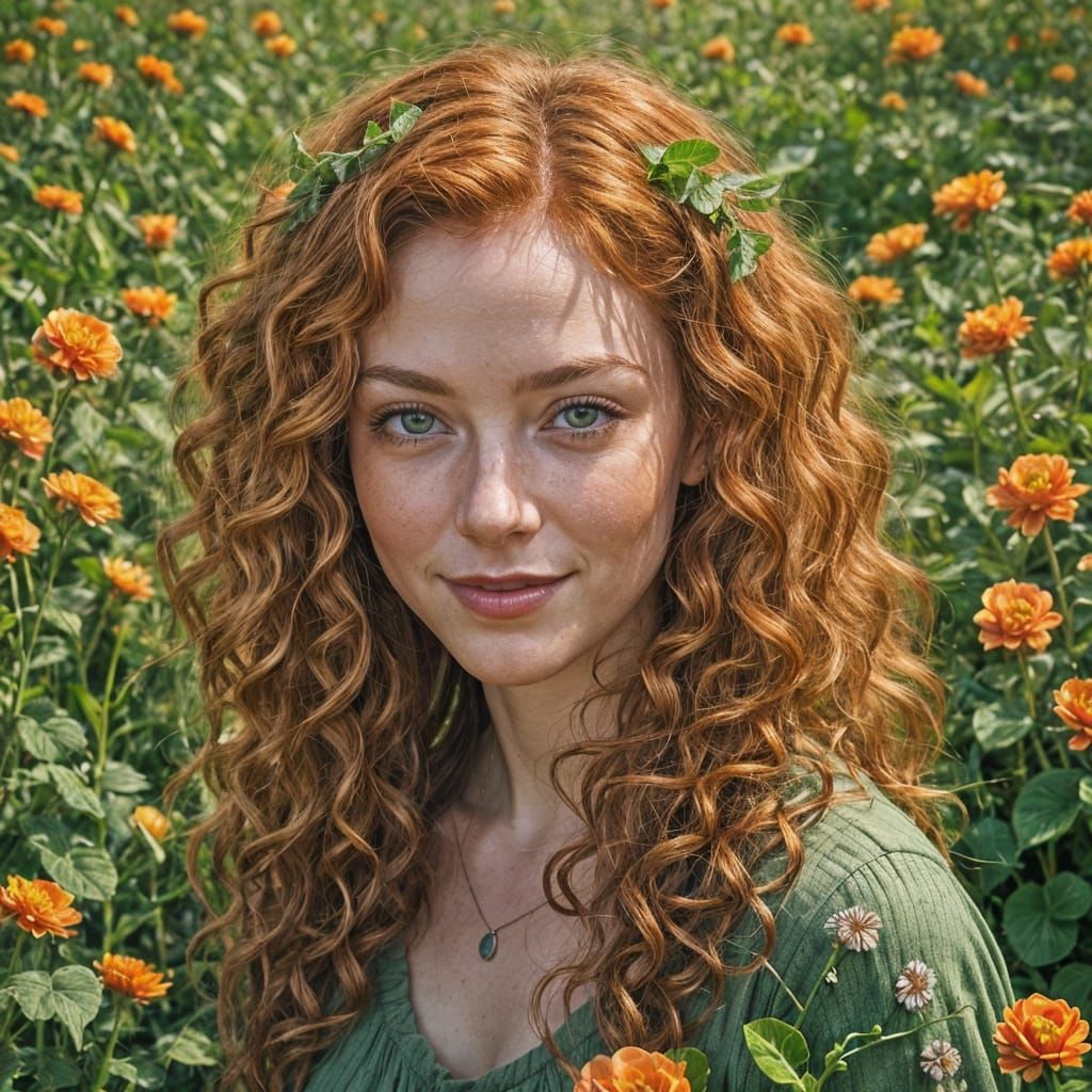 Girl with Red Hair in Flower Meadow