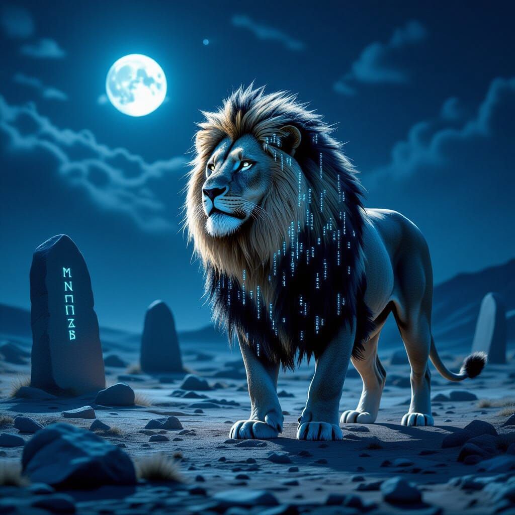 Majestic Lion of Binary Code Guards Moonlit Rune Landscape