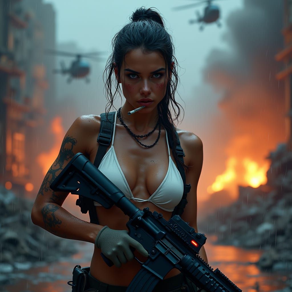Gritty Female Mercenary Stands Tall in War-Torn Urban Landsc...