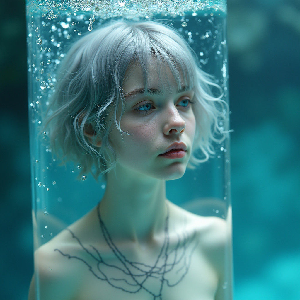Woman in Glass Tube with Shimmering Blue Water