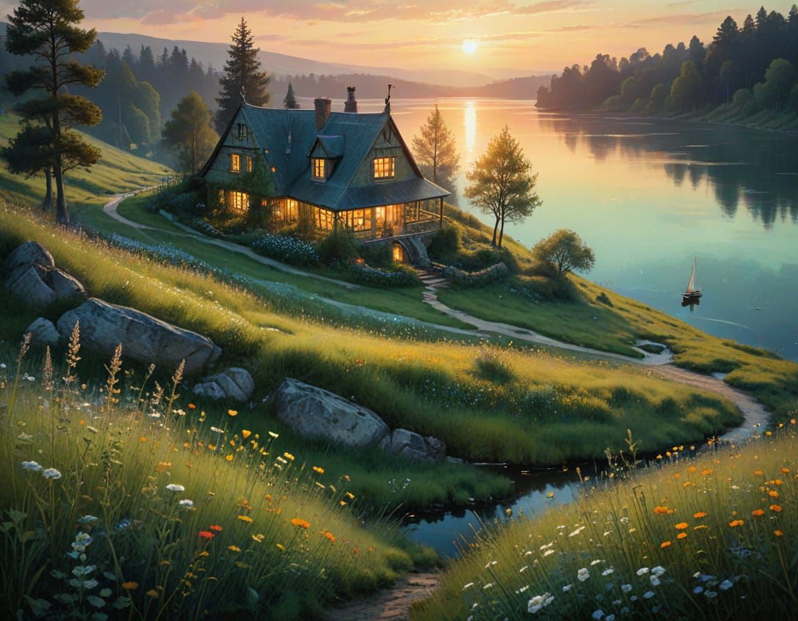 Whimsical Watercolor Illustration of a Dreamy Lake House