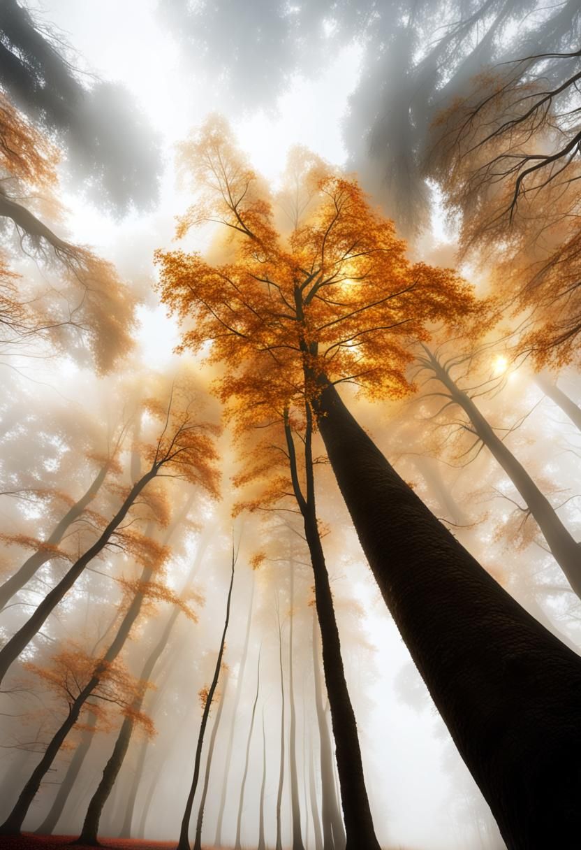 Autumnal Trees in Misty Sunlight