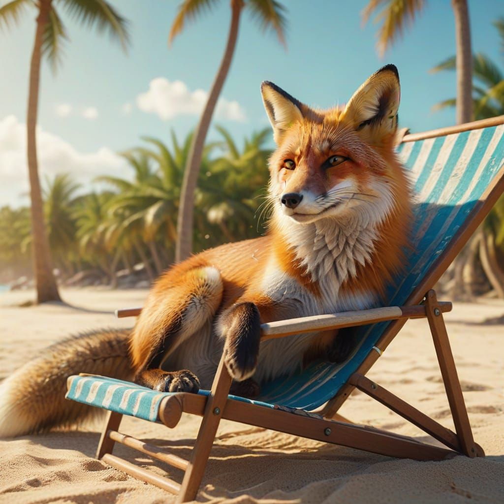 Fox Relaxing on Beach in Vibrant Oil Painting