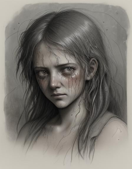 long exposure/ storybook illustration;
Long lies, tears faded to rust on her face.
Gustave Doré; charcoal drawing, wet ...