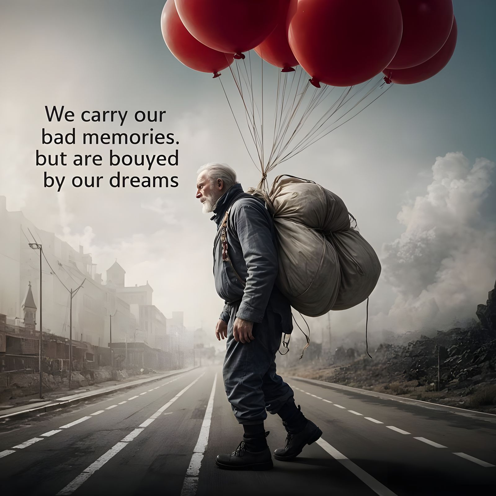 Stooped Figure Walks Along Road, Lifted by Red Balloons