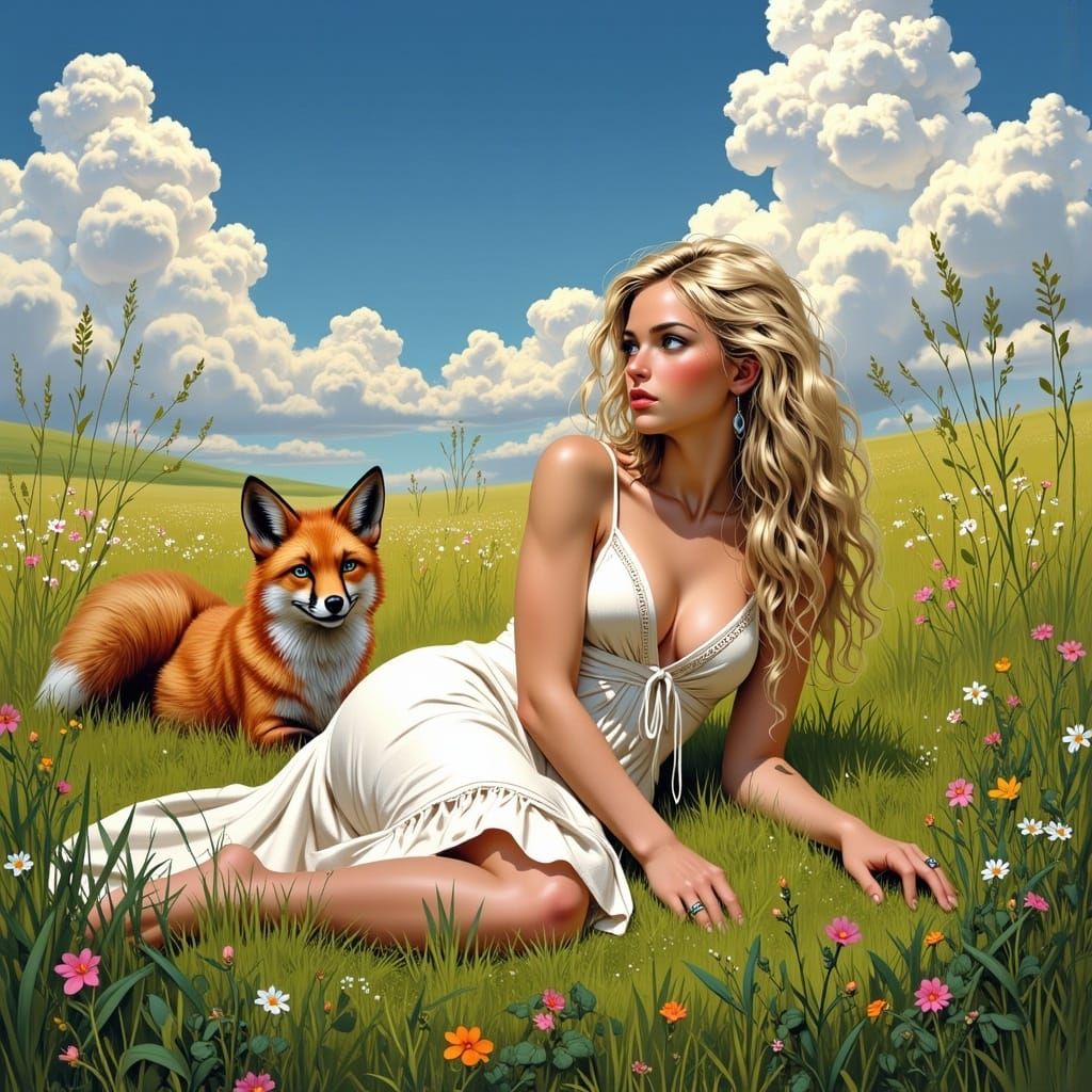 Dreamy Meadow Scene with Woman and Fox