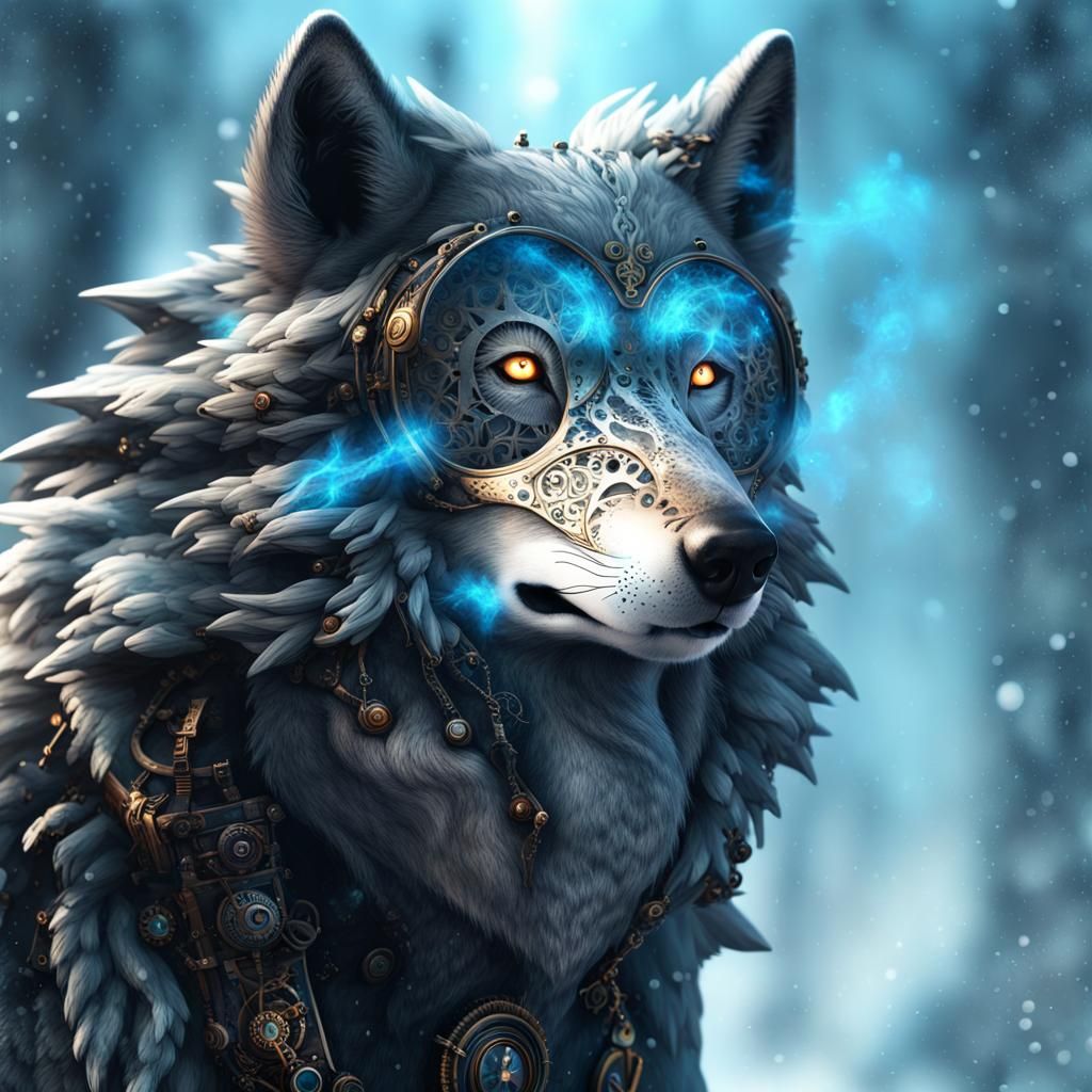 Steampunk Wolf Portrait with Snowy Explosion