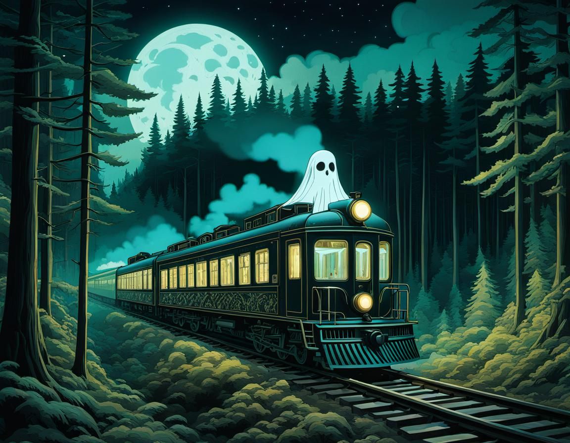 Eerie Ghost Train in Forest at Night