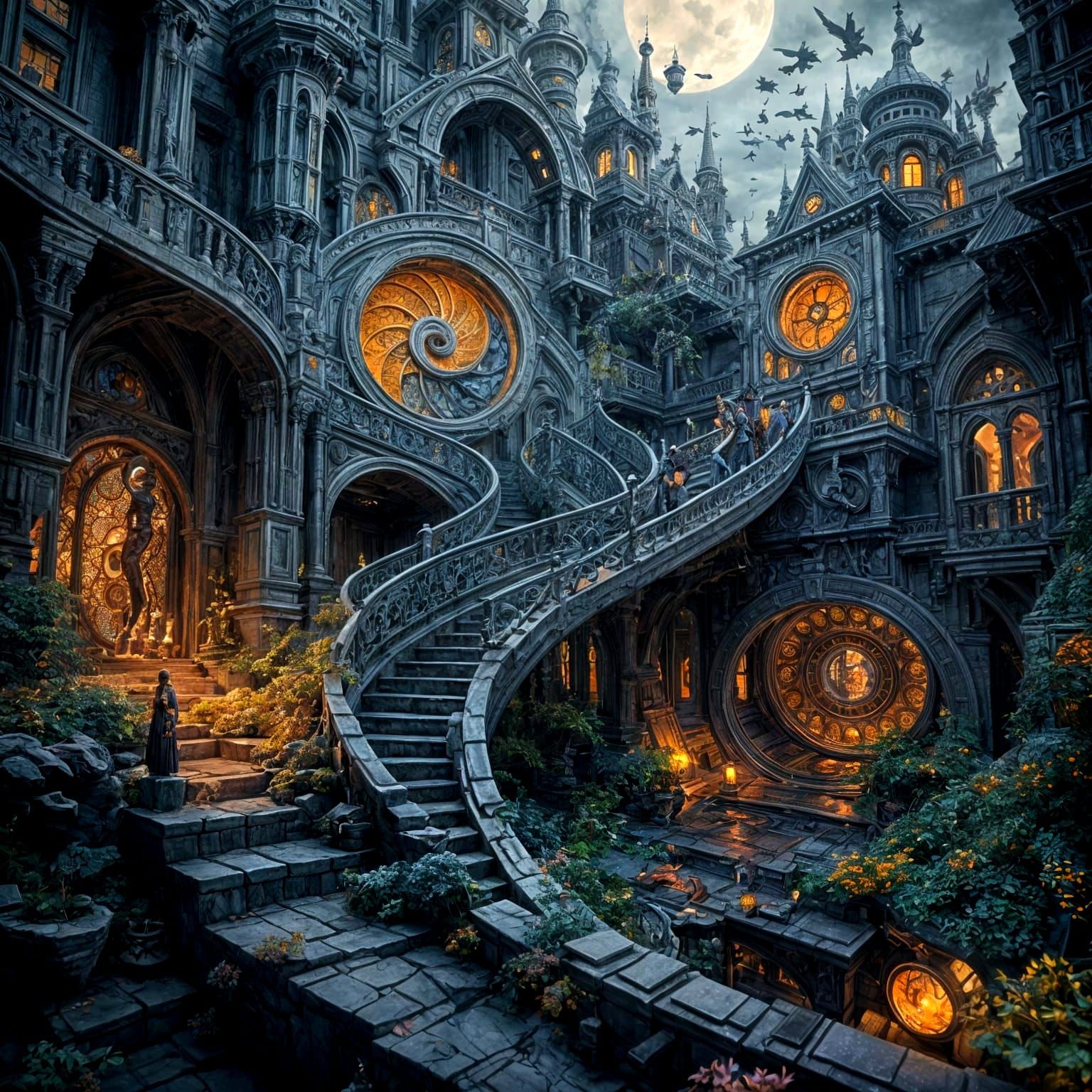 Whirling Human Spirals in Vibrant Fantasy Landscapes