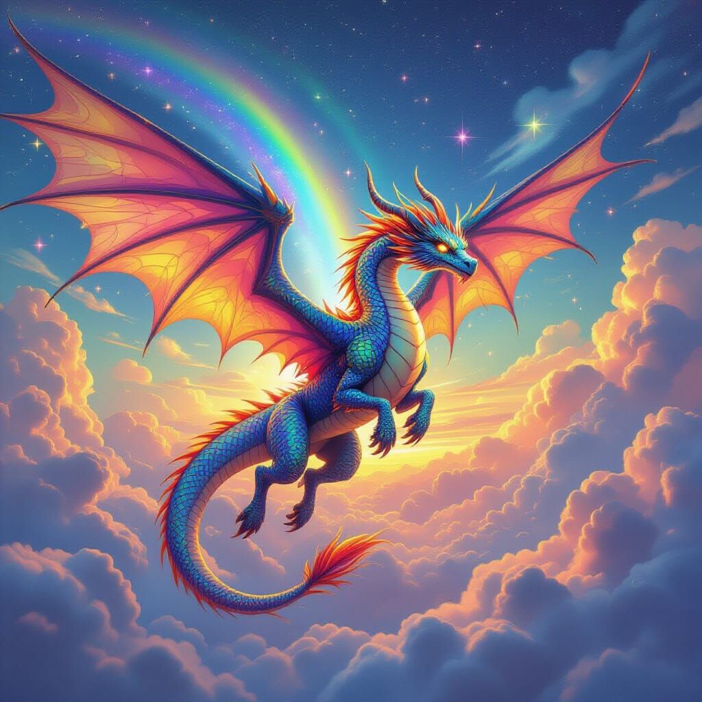 Iridescent Dragon Soaring Through Rainbow Sky
